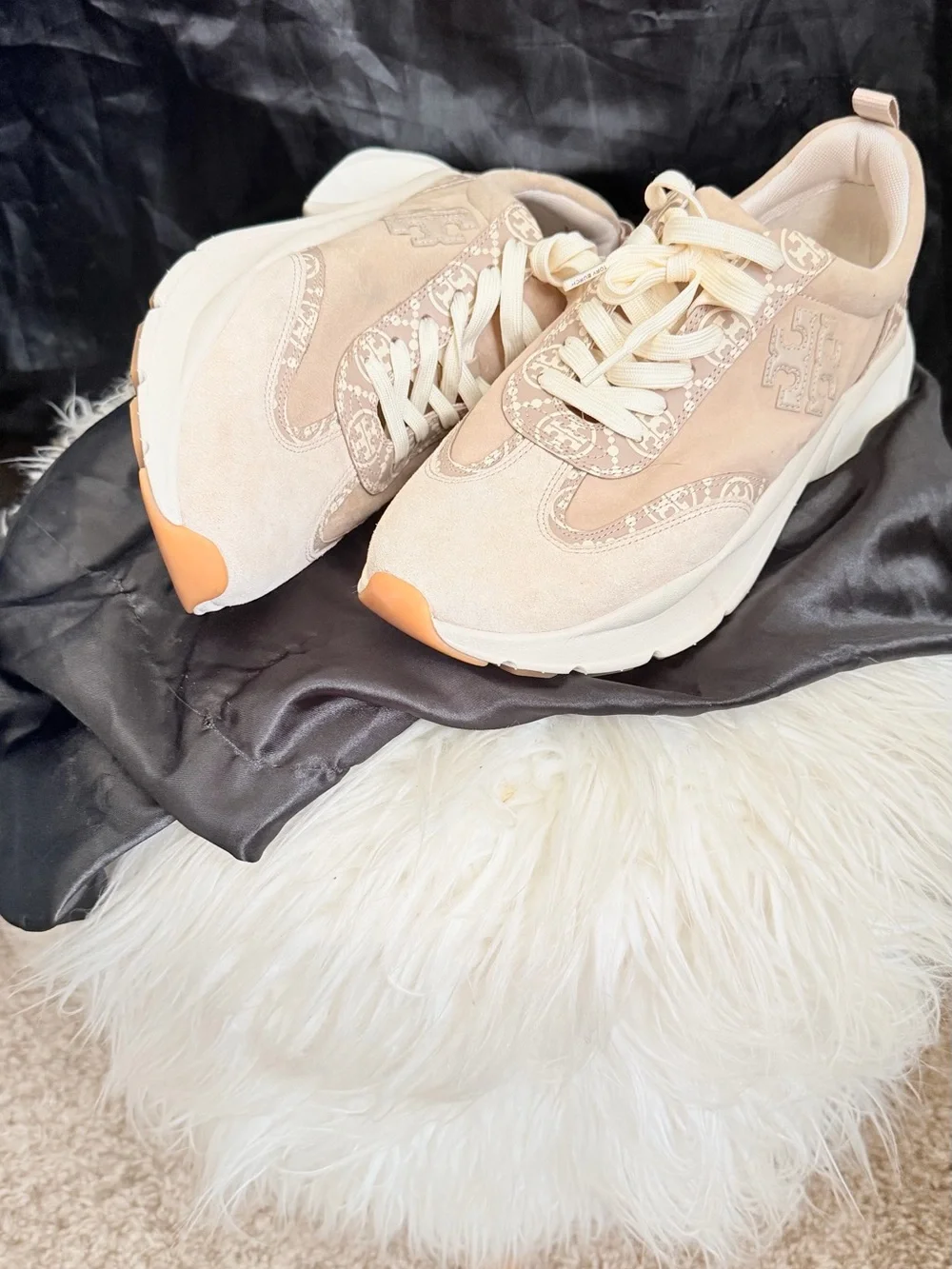 Tory Burch Blush Good Luck Trainer Suede Platform Sneakers with Logo Trim
